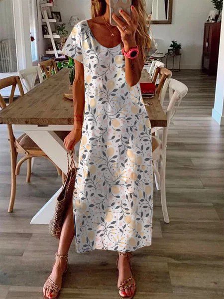 

Abito a Girocollo Stampato, Bianco, Summer dresses