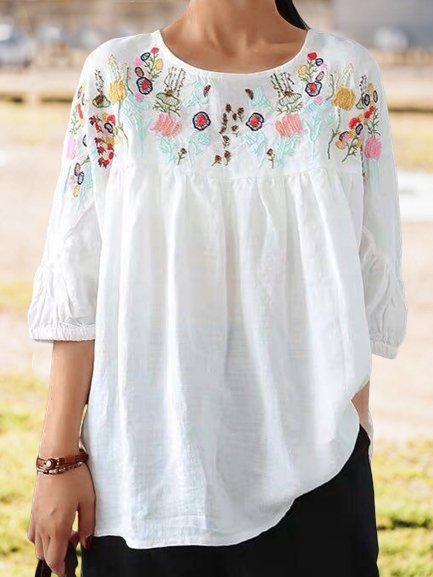 

Top a Girocollo Casuale Vintage Bohemian Ricamato Floreale, Bianco, Blouses & Shirts