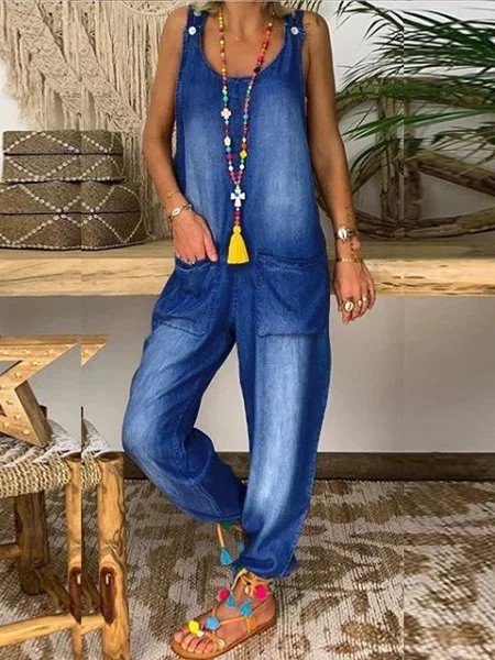 

Light Blue Pockets Casual U-Neck Jumpsuit & Romper, Jumpsuits＆Rompers