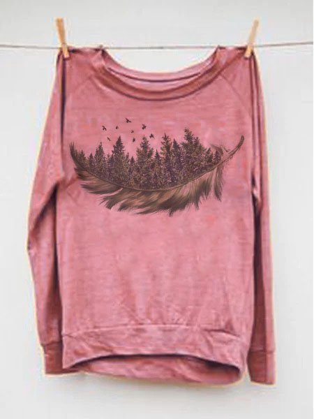

Casual Cotton-Blend Printed Crew Neck Tops, Pink, Tops