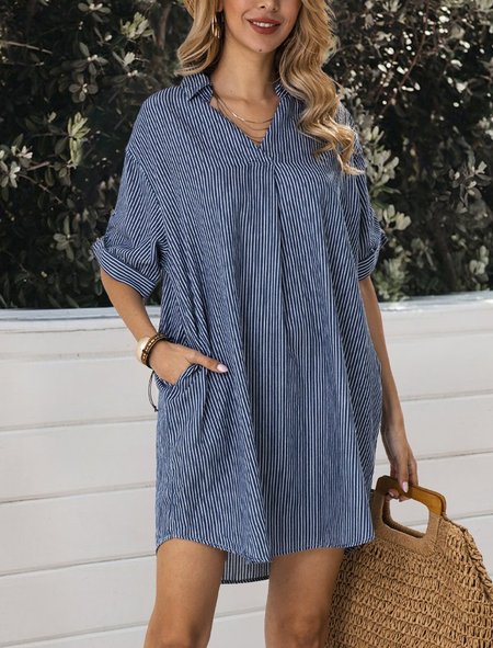 

Shirt Collar Stripe Shift Casual Mini Dress, The blue stripe, Mini Dresses