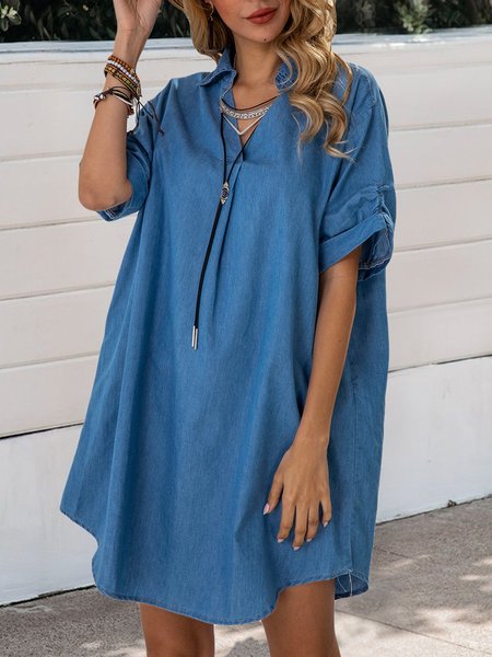 

Shirt Collar Short Sleeve Casual Mini Dress, Light blue-dark-blue, Mini Dresses