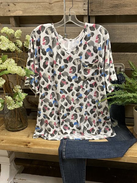 Top con Scollo a V Stampato, Bianco, Tops