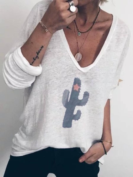 

T-Shirt Casuale con Scollo a V di Misto Cotone, Bianco, Tops