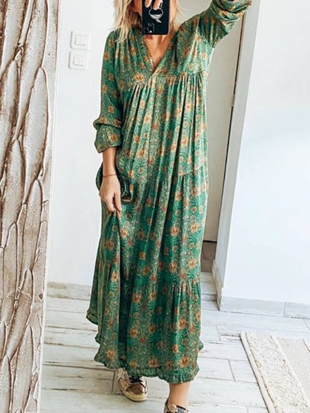 

Green V Neck Long Sleeve Cotton-Blend Floral Weaving Dress, Dresses
