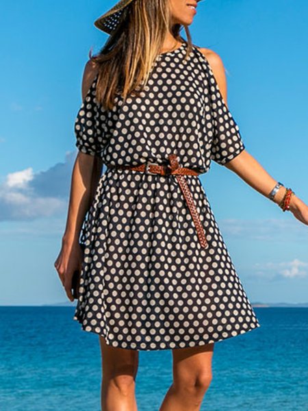 

Abito Casuale a Pois Stampato Floreale a Spalla Nuda, Nero, Midi Dresses