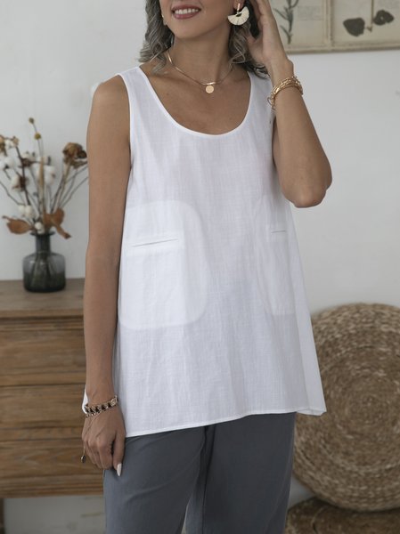 

White Sleeveless Cotton Crew Neck A-Line Shirts & Tops, Tops