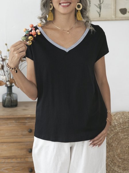 

Solid Black Cotton Short Sleeve Plain Simple Shirts & Tops, Tops