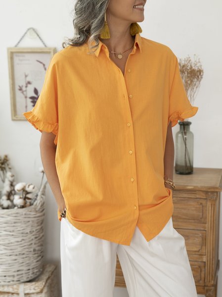 

Orange Cotton Shirt Collar Short Sleeve Shirts & Tops, Tops