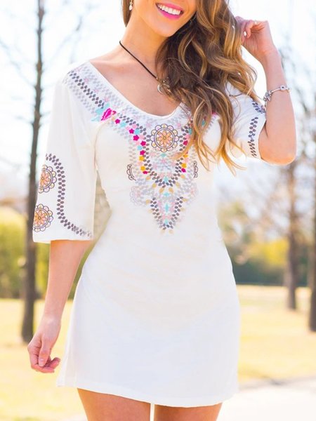

Abito con Scollo a V Casuale Vintage Bohemian Stampato Floreale, Bianco, Casual Dresses