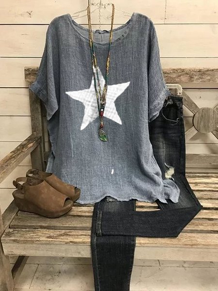 

Blue Gray Cotton Casual Patchwork Shirts & Tops, T-Shirts