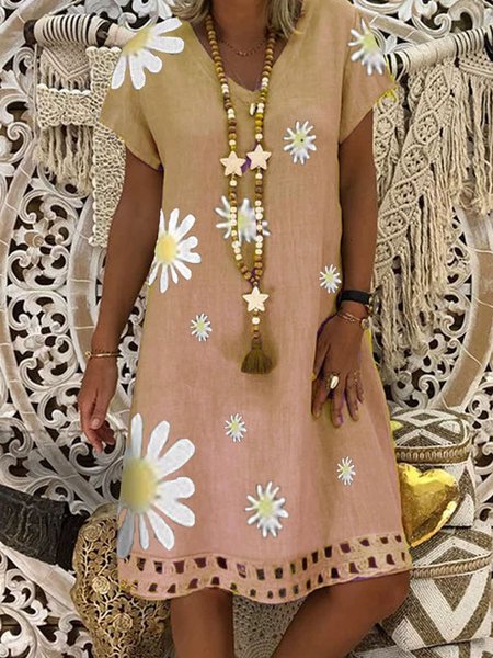 

Abito Casuale con Scollo a V Patchwork Stampato, Cachi, Summer dresses