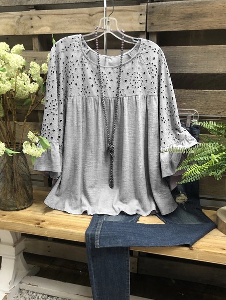 

Gray Shift Short Sleeve Cotton Crew Neck Tops, Tops