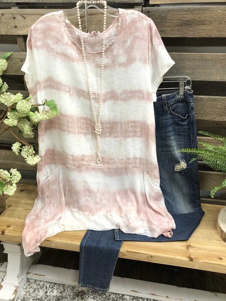

Casual Dip-Dyed Short Sleeve Top, Pink, Tops