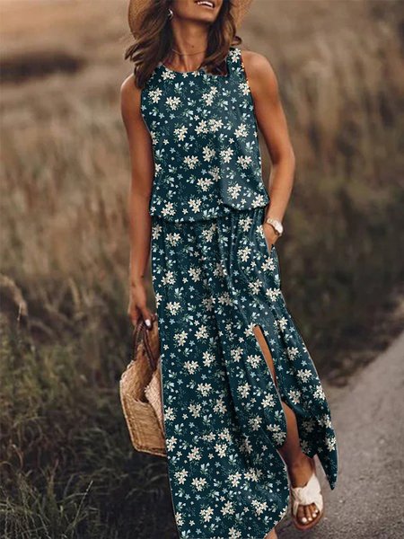 

Abito a Girocollo Floreale Casuale, Blu, Dresses