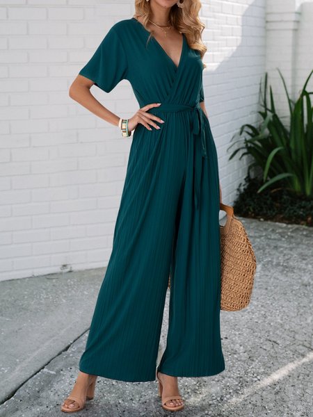 

Dark Green Shift Short Sleeve Solid Sexy Jumpsuit, Jumpsuits