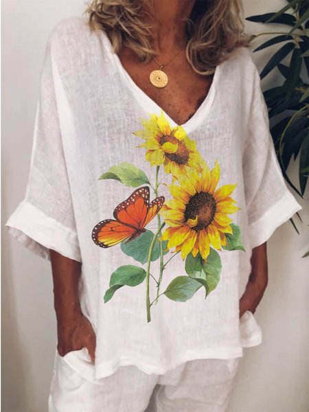 

T-Shirt Sciolto Casuale con Scollo a V, Bianco, Blouses & Shirts