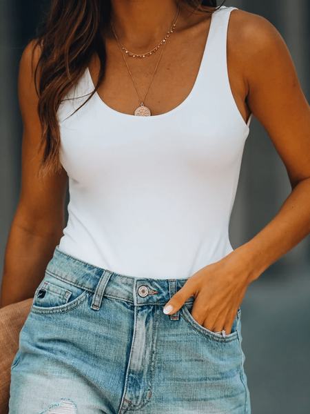 Top con Scollo a U Casuale di Cotone, Bianco, Tank Top