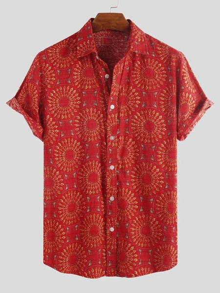 

Red V Neck Casual Printed Cotton Shirts & Tops, Men