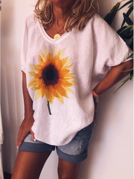Loose casual sunflower print short sleeve round neck T shirt