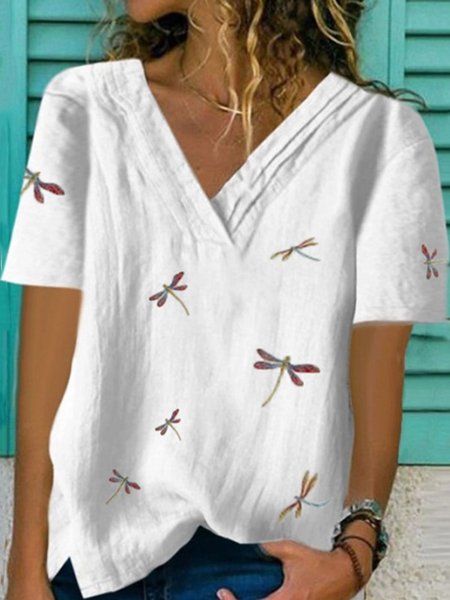 Casual Printed Short Sleeve V Neck T-Shirt Top, White, T-shirts