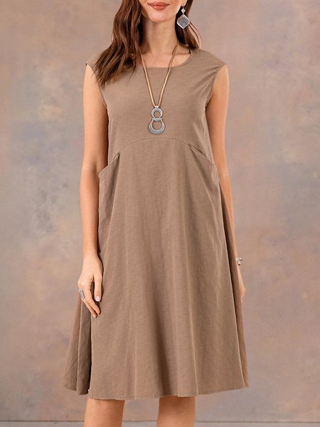 

Women Casual Comfortable Simple Sleeveless Dresses, Deep khaki, Midi Dresses
