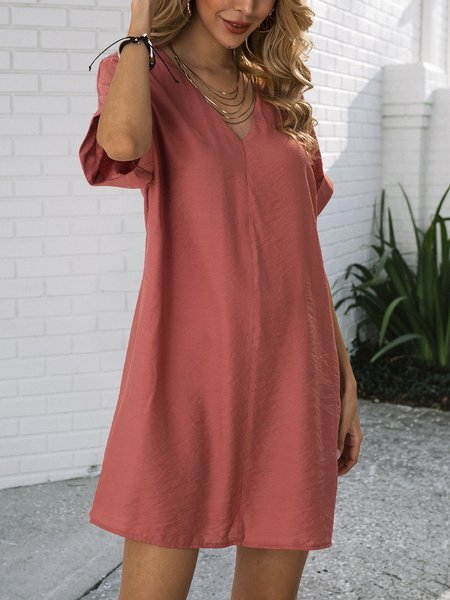

V Neck Shift Casual Mini Dress, Dusty pink, Mini Dresses