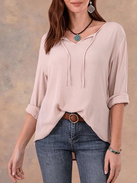 

Women Cotton Notch Neckline Long Sleeve Shirts & Tops, Pink, Tops