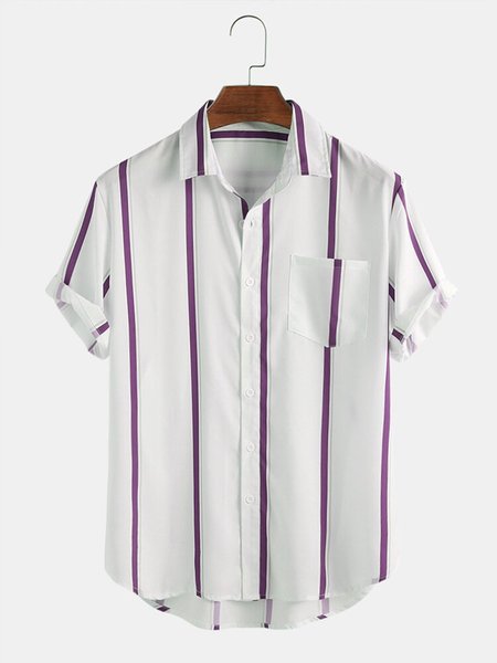 

Mens Plain Striped Print Turn Down Collar Short Sleeve Shirts, Purple, Shirts ＆ Blouse