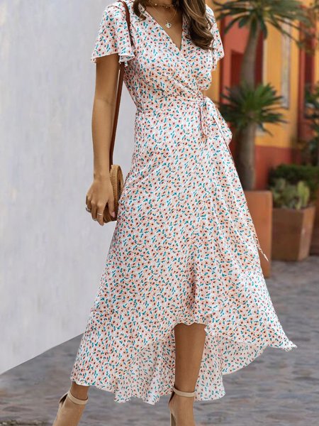 

Summer Surplice Neck Printed Wrap Maxi Dress, Pink, Maxi Dresses