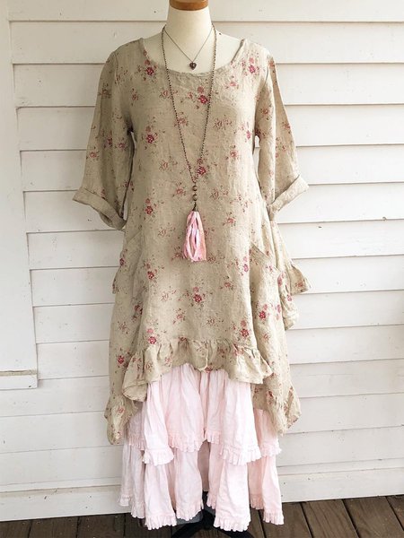 

Round Neck Casual Cotton-Blend Linen & Cotton Weaving Dress, Beige, Dresses