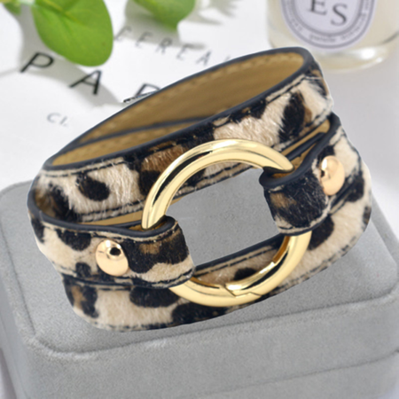

Leopard Printed Lace-up Byckle Bracelets, Light brown, Bracelets