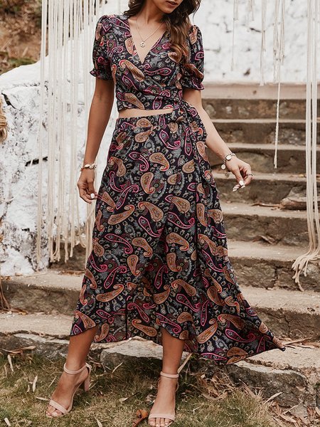 

Holiday Printed Tribal Top With Skirt Two-Piece Set, Black, Two-piece Set