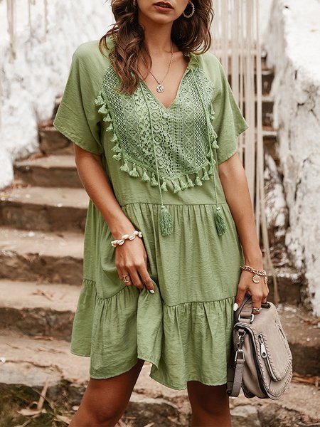 

Summer Solid Tassel Lace Holiday Mini Dress, Green, Mini Dresses