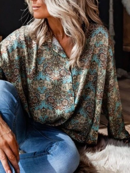 

Long Sleeve Printed Tribal Shirt Collar Shirts & Tops, Blue, Blouses & Shirts