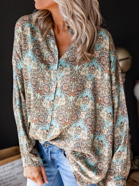 

Long Sleeve Printed Tribal Shirt Collar Shirts & Tops, Blue, Winter Clearance