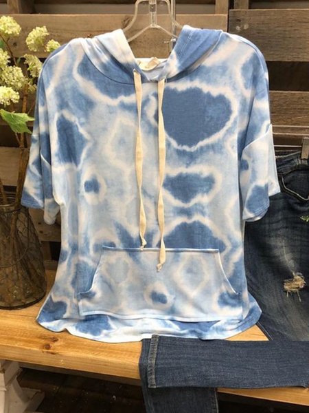 

Blue Hoodie Short Sleeve Casual Pockets Shirts & Tops, Tops