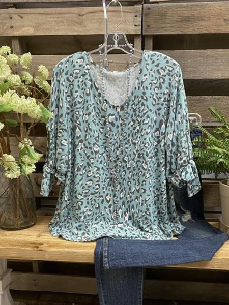 

Blue V Neck Long Sleeve Printed Tops, Tops