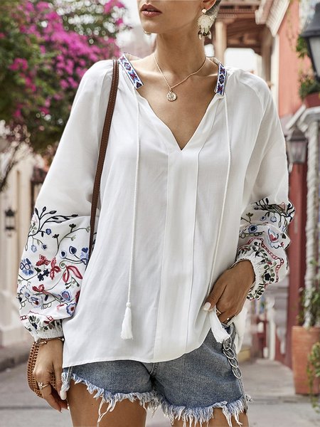 

V Neck Spring White Shift Boho Top, Blouses and Shirts