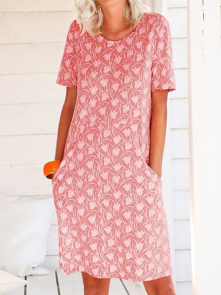 

Floral Pockets Mini Dress Short Sleeve Printed Dresses, Pink, Print Dress