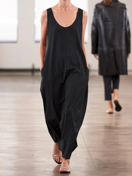 

Black Casual Plain Round Neck Cotton-Blend Jumpsuits, Jumpsuits&Rompers