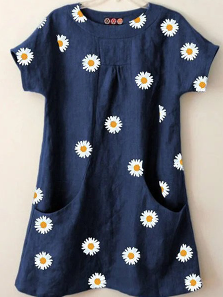 

Top a Girocollo con Tasche Casuale Stampato, Blu, Tops