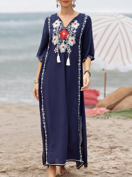 

Abito Dritto con Scollo a V Ricamato Floreale, Blu intenso, Casual Dresses