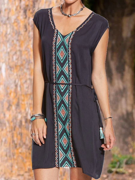 

Abito con Scollo a V Stampato Casuale di Misto Cotone, Nero, Casual Dresses