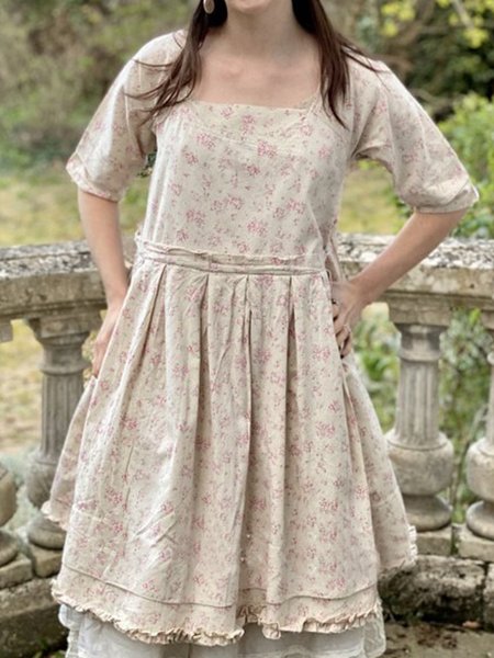 

Plus Size Square Neck Casual Floral Weaving Dress, Apricot, Dresses