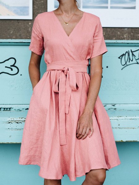 

V-neck Wrap Casual Cotton Linen Dress, Pink, Casual Dresses