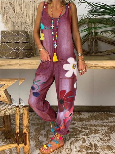 

Floreale Denim senza maniche One-Pieces, Rosso, Jumpsuits
