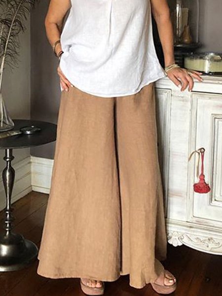

Khaki Solid Linen Casual Pants, Pants