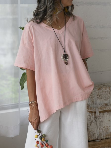 

Pink Cotton Casual V Neck Shirts & Tops, Tops