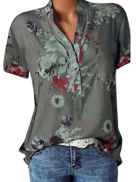 

Women Floral Short Sleeve Casual Summer Blouse, Gray, Shirts
